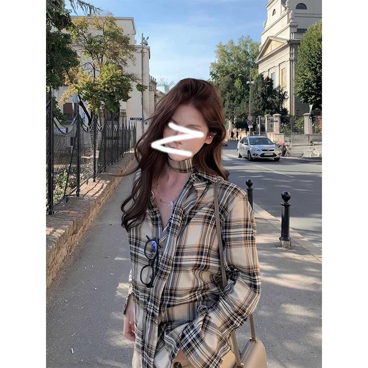 松岛假日 格港风复古慵懒风气质高级感秋季宽松显瘦格纹衬衫外套