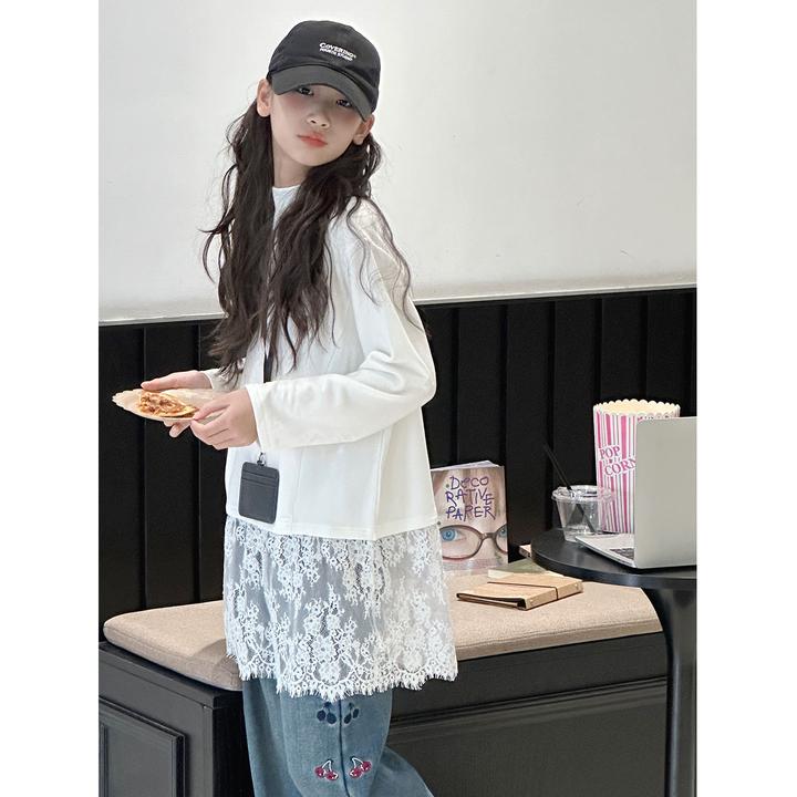 K30356孙小美蕾丝拼接半高领女童薄绒打底秋冬新款儿童加厚T恤衣