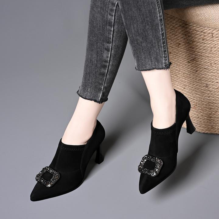 水钻方扣深口单鞋不累脚高跟职业优雅女鞋黑色尖头绒面弹力及裸靴