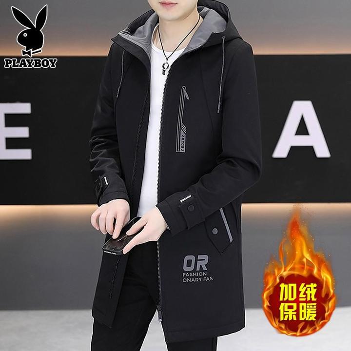 花花公子中长款夹克男士加绒潮流连帽拼接印花风衣外套男款秋冬季