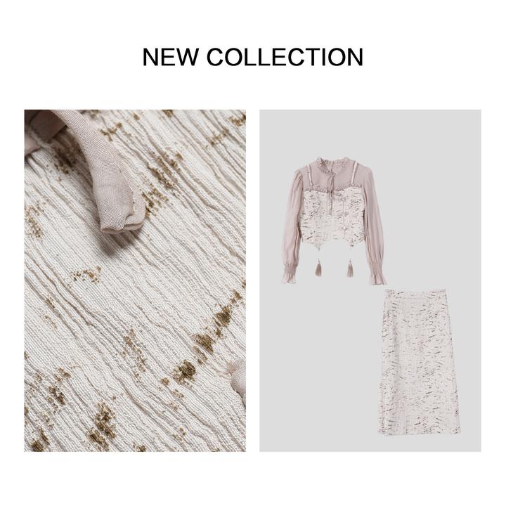 【小橱专享】D3F28023蕾丝简约拼接上衣+同纹半裙套装-8023