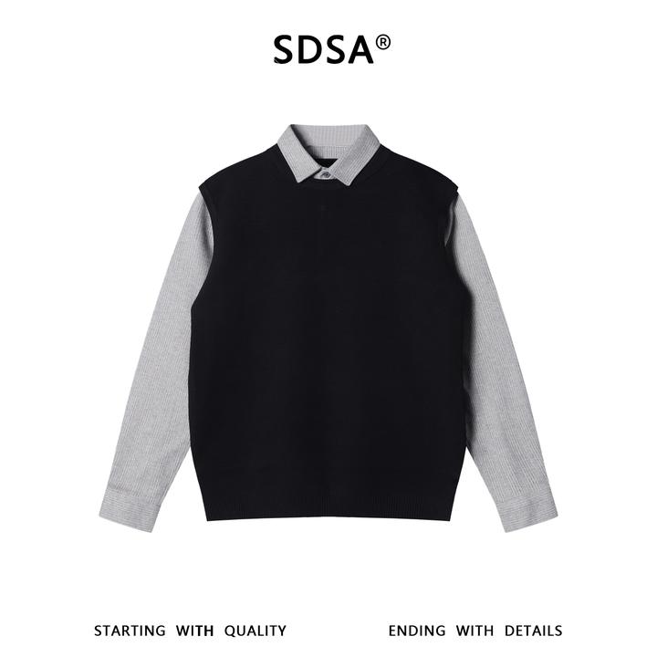 SDSA男士秋冬新款痞帅男装老钱风撞色翻领假两件毛衣百搭商务上衣