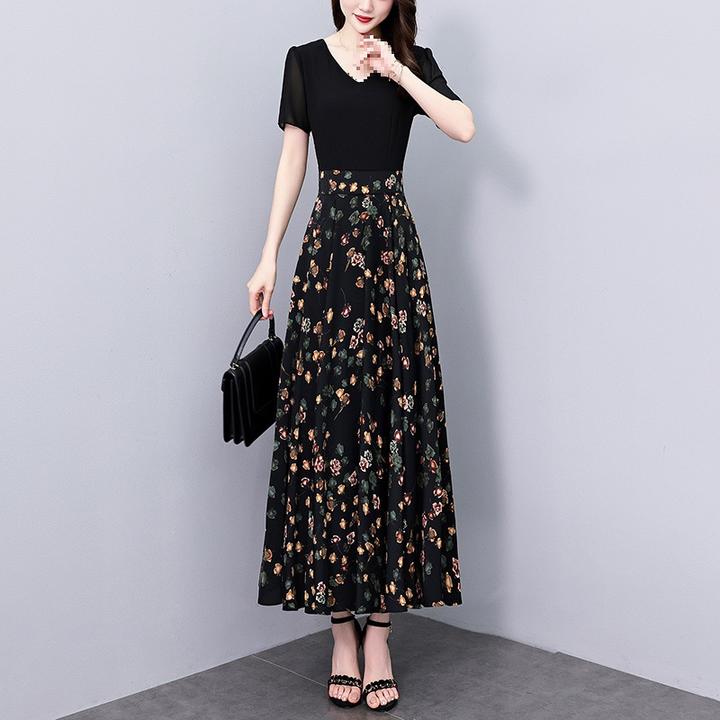 夏季新款印花拼接假两件连衣裙大码胖高级感气质减龄显瘦收腰裙