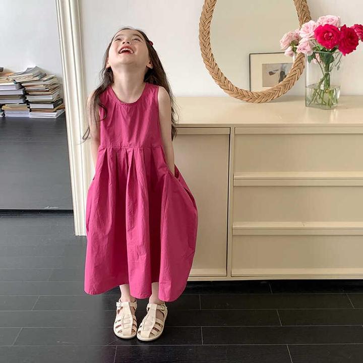 巴拉巴拉适用高级感纯棉女童连衣裙火龙果色夏款大口袋裙子儿童长