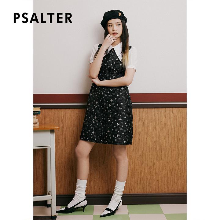 PSALTER诗篇翻领假两件学院风提花衬衫裙连衣裙夏