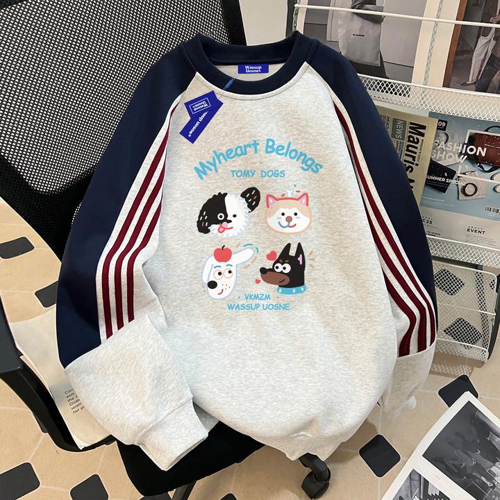 WASSUP UOSNE重磅加绒三条杆圆领卫衣男生秋冬季短宽休闲潮牌上衣