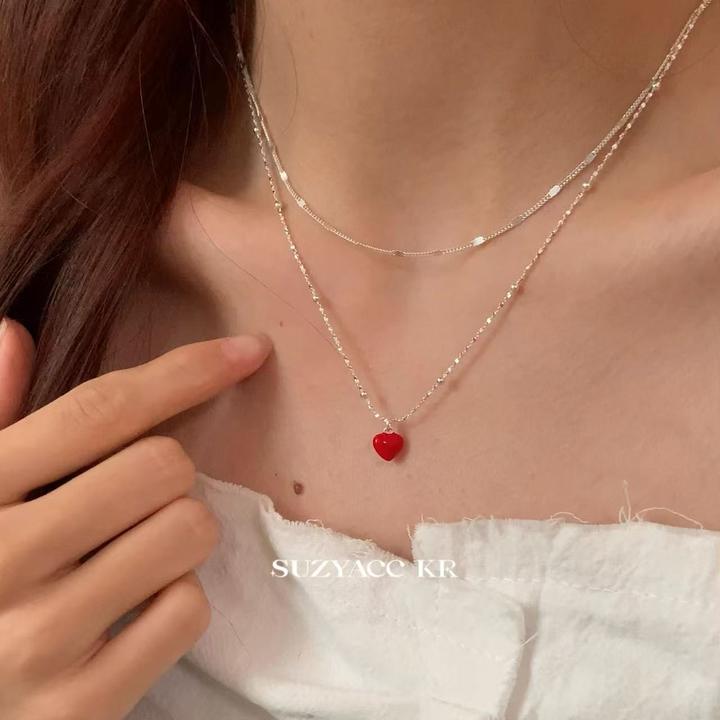 Suzyacc Kr 坠链均925银 【相思豆】滴釉爱心项链气质百搭DX0284