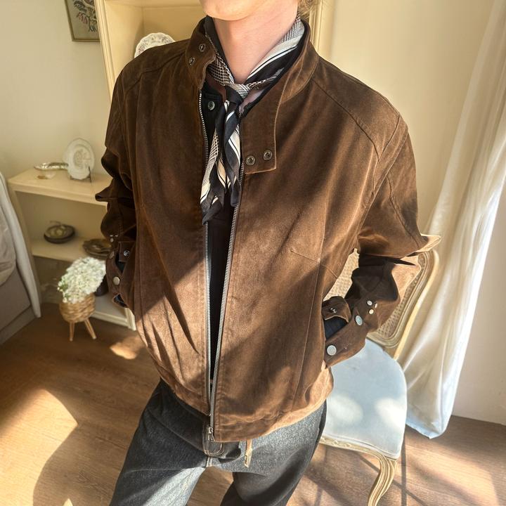 25秋季新款”摩登年代“复古绒皮工艺立领哈灵顿夹克外套男女潮