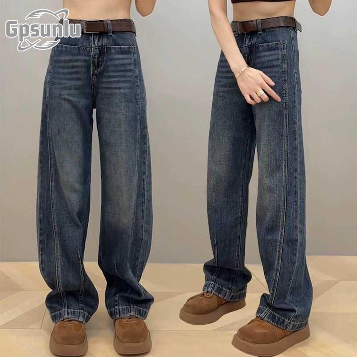 gpsunlu白色显瘦镰刀牛仔裤女秋款遮胯垂感休闲弯刀香蕉阔腿长裤