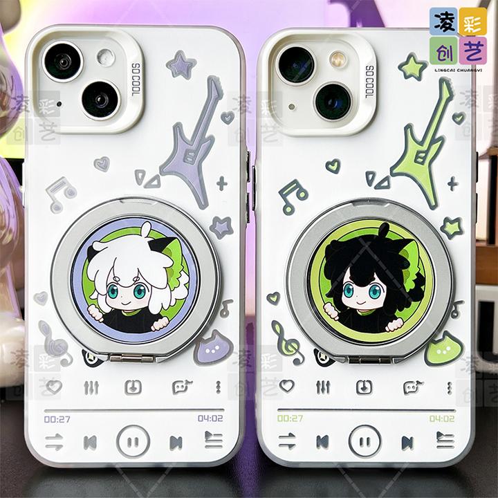 凌彩创艺手机壳适用苹果华为小米vivo可爱罗小黑旋转支架彩银