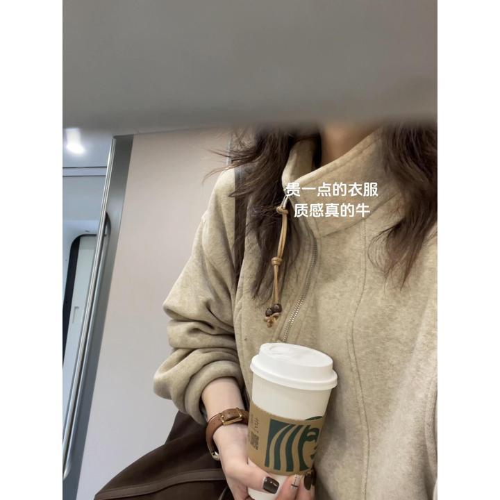 秋冬新款覆古燕麦色立领半拉炼卫衣女外套宽松慵大码宽松贴袋卫衣