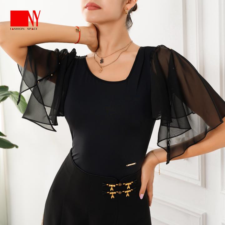 NY25207S纳艺女士练习服上衣摩登舞冰丝雪纺练功服短袖连体上衣