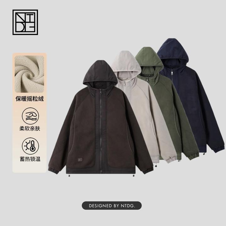 嘀嘀小新秋冬极简风拼接双面摇粒绒保暖防风连帽外套高级感夹克男