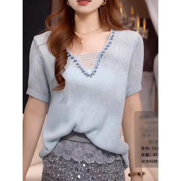 短袖T恤女2025夏季新款韩版宽松V领重工镶钻镂空V领针织衫上衣潮