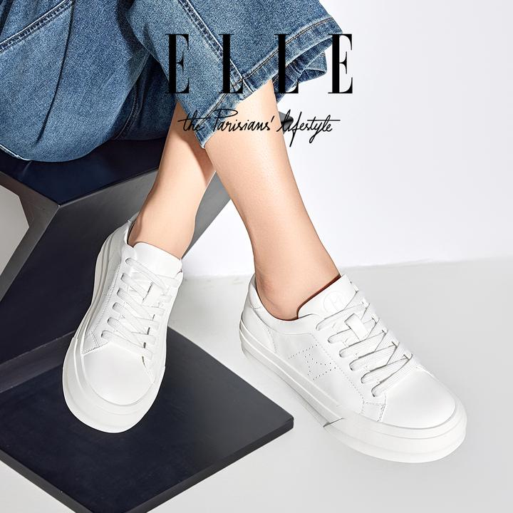 ELLE经典真皮撞色小白鞋2025新款女鞋厚底增高显脚小通勤休闲板鞋