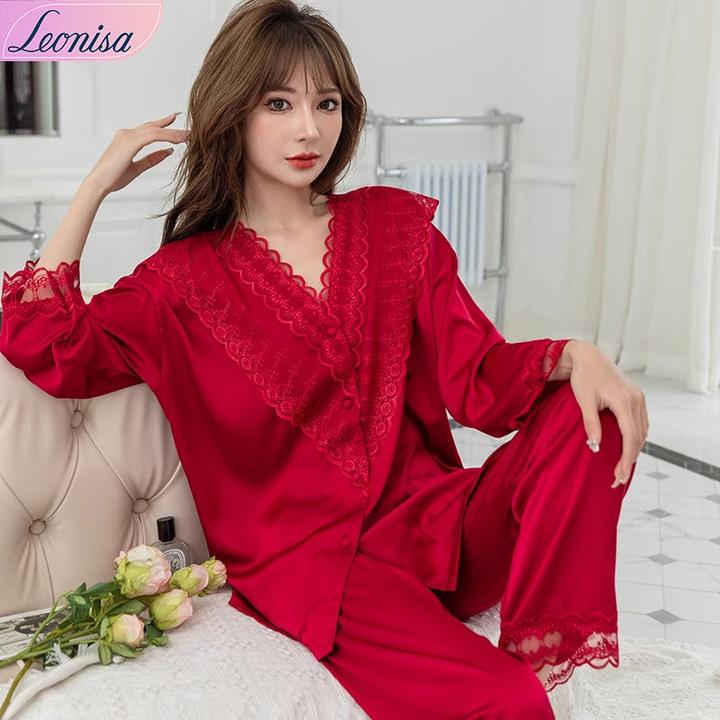 2024新款睡衣女秋冬薄款秋春款蕾丝高级感红色家居服两件套可外穿