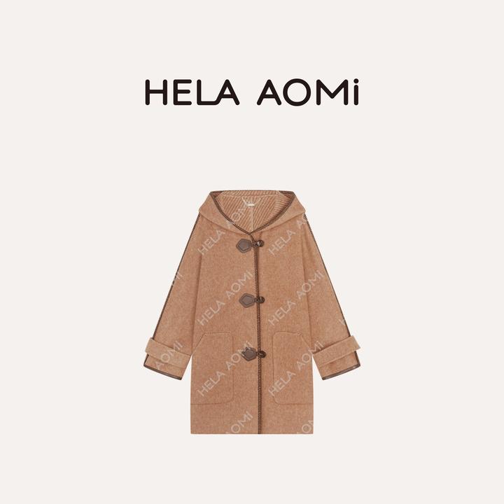 HELA AOMI “皮牛角”绵羊毛95%+骆驼绒学院风连帽大衣CY5DM08576