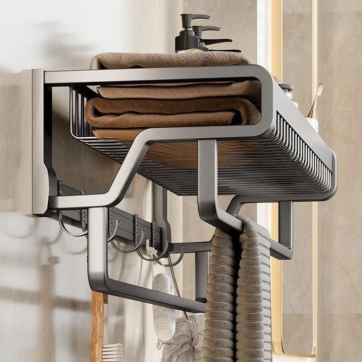 枪灰色浴室毛巾架轻奢免打孔卫生间壁挂置物架铝材质单双层吸壁收