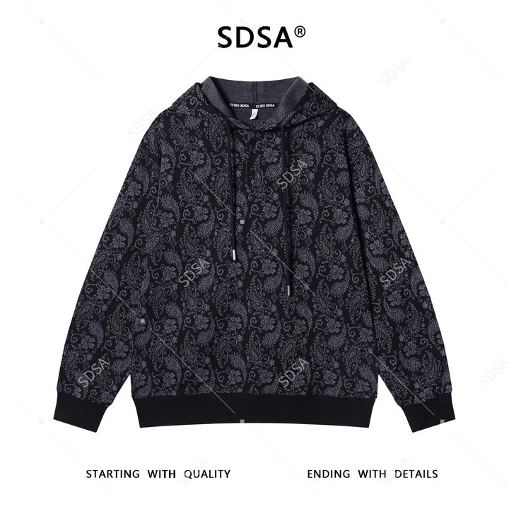 SDSA男士秋冬新款痞帅男装植物花卉撞色纽扣连帽卫衣百搭宽松上衣