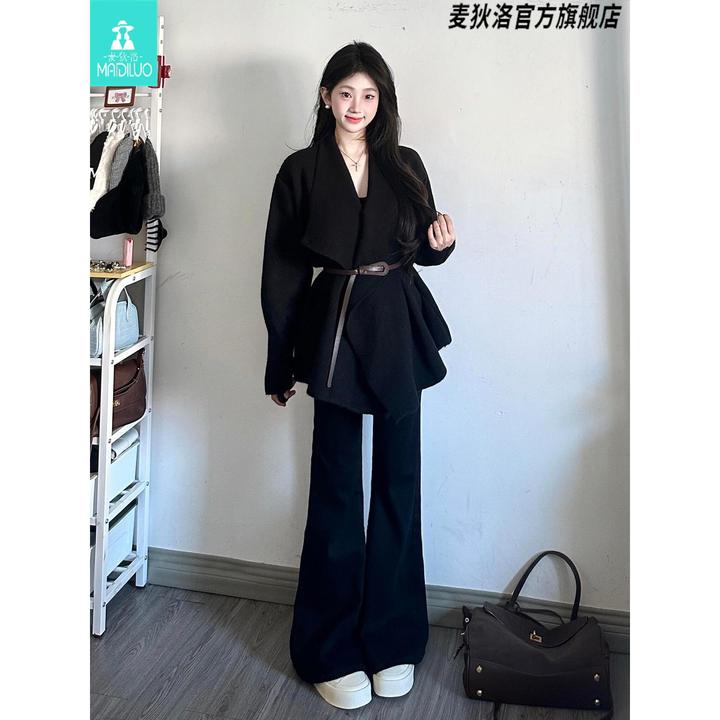 2025早秋高级感巨好看的套装女气质翻领外套上衣高腰显瘦微喇裤子