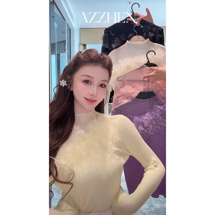 AZZHEN【朦胧花影】法式高级感立体花卉打底复古针织上衣冬季秋冬