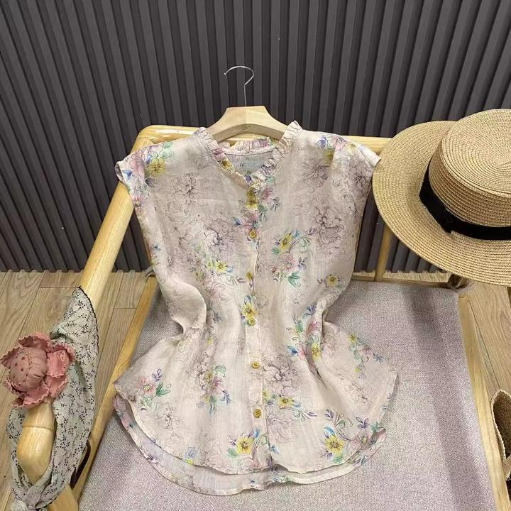 夏季时尚新款复古国风印花无袖亚麻小衫木耳领文艺百搭气质衬衫女