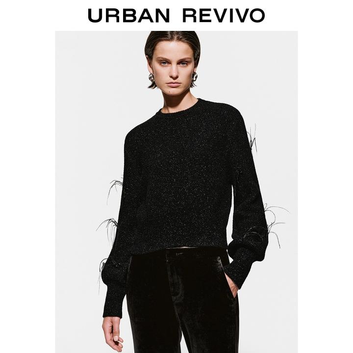 UR2026春季新款女装魅力亮丝羽毛圆领短款针织衫UWG950286