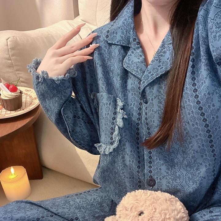 可爱ins蓝色流苏睡衣女带胸垫春秋季韩版长袖长裤学生家居服套装