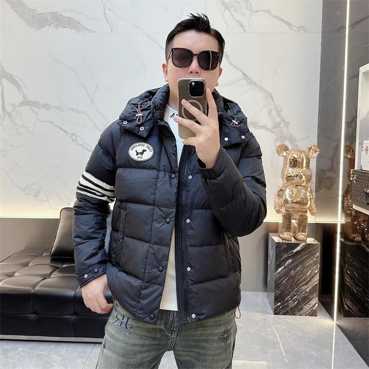 2025冬季新款男士潮流简约徽章连帽羽绒服男时尚修身百搭条纹外套