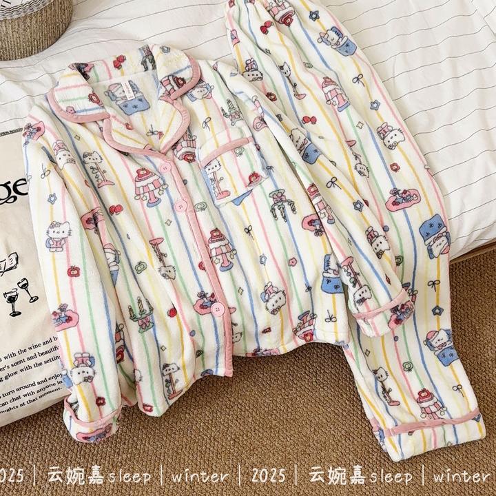 『Kitty乐园』秋冬睡衣女法兰绒加厚加绒保暖冬季牛奶绒家居服套装