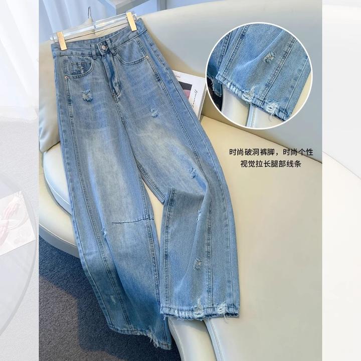 夏季薄款破洞牛仔裤女2025新款高腰复古时尚气质宽松显瘦阔腿裤子