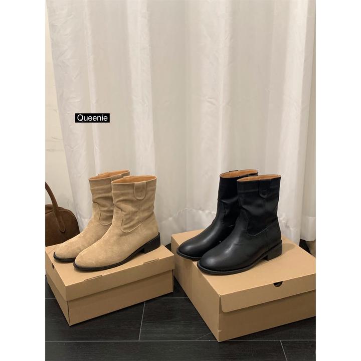 粗跟覆古绒面黑色马丁靴女鞋2025切尔西套筒卡其色短靴春秋单靴子