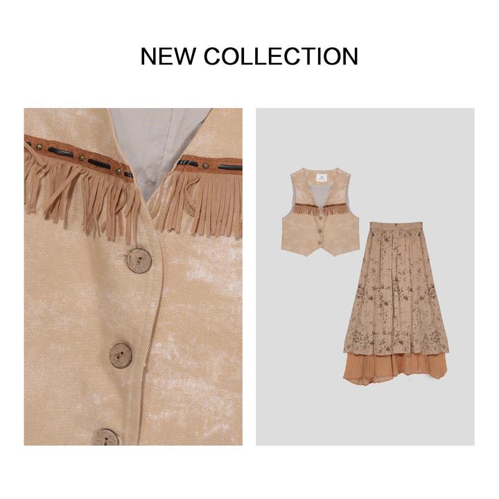 【小橱专享】D3F28087流苏纽扣装饰马甲+印花层叠半裙套装-8087