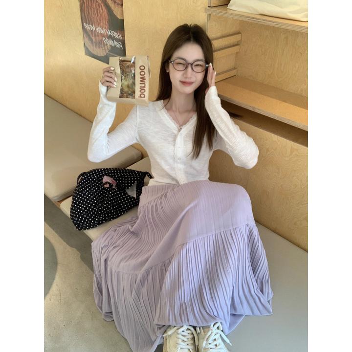 韩版UUS原创雨雾紫藤压褶重工大摆半身裙2025春夏新品宽松a字长裙