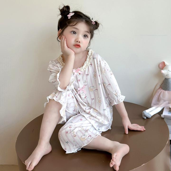 儿童睡衣夏季短袖女童薄款公主风家居服小女孩宝宝冰丝夏天空调服