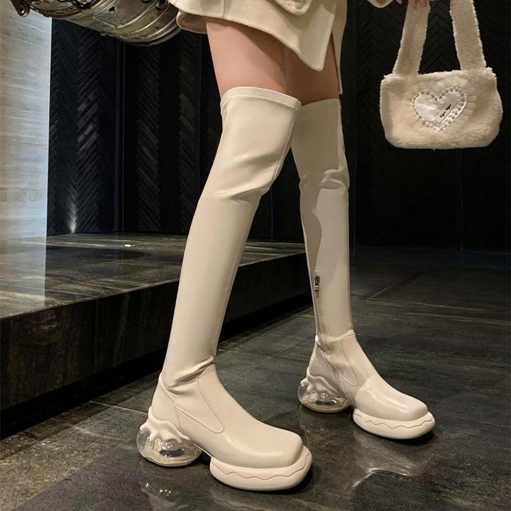 纯手工方头厚底过膝女2025年新款弹力高筒骑士靴瘦腿长筒骑士靴