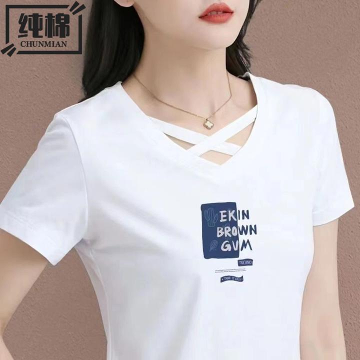 2025新款女装纯棉T恤V领镂空短袖时尚百搭印花显瘦上衣体恤衫夏季