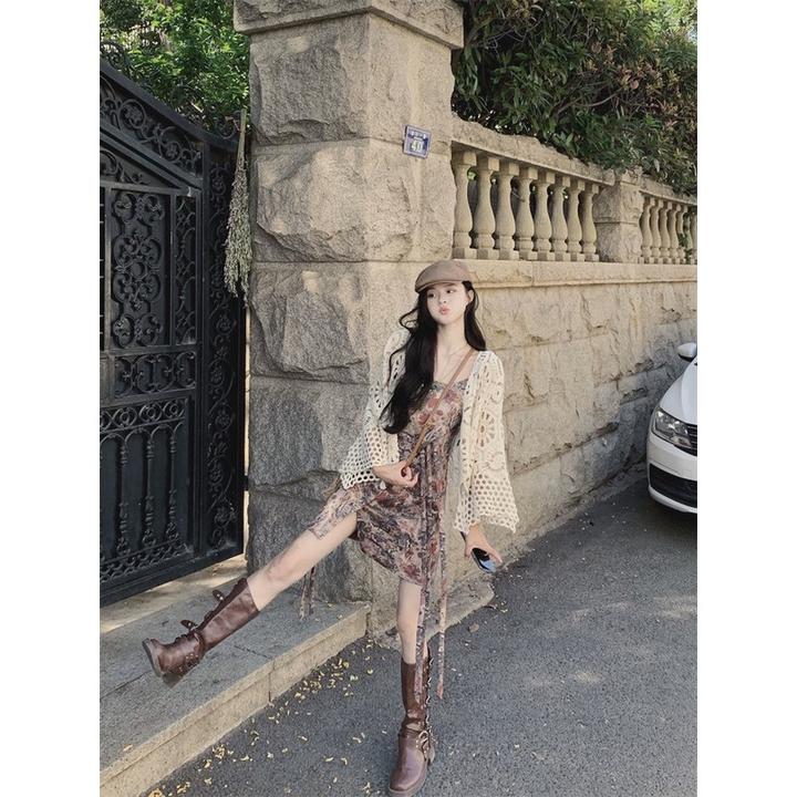 海边度假风套装复古开叉吊带连衣裙女夏季镂空钩花外套上潮流新款