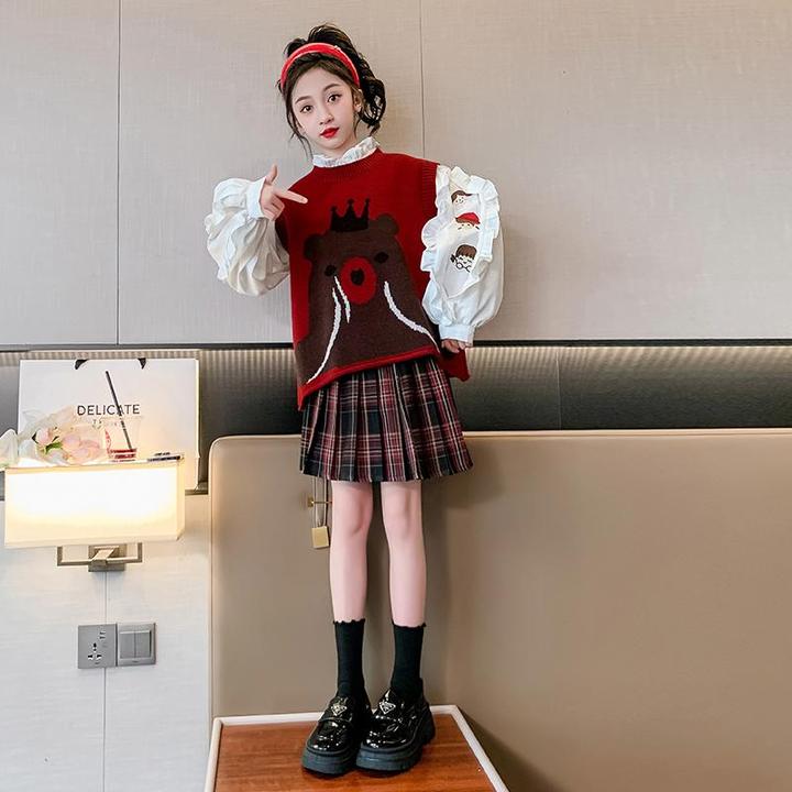 女童连衣裙春秋2024新款洋气儿童红色百褶裙中大童新年裙子jk套装