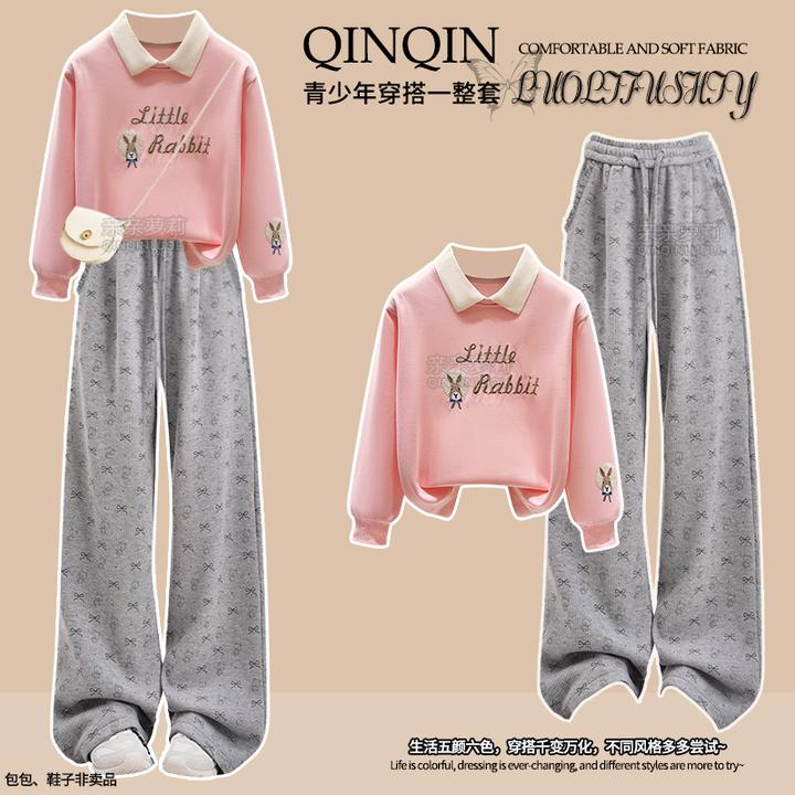 女童春秋阔腿裤套装2025新款学院POLO领卫衣大童秋装卫裤休闲裤子