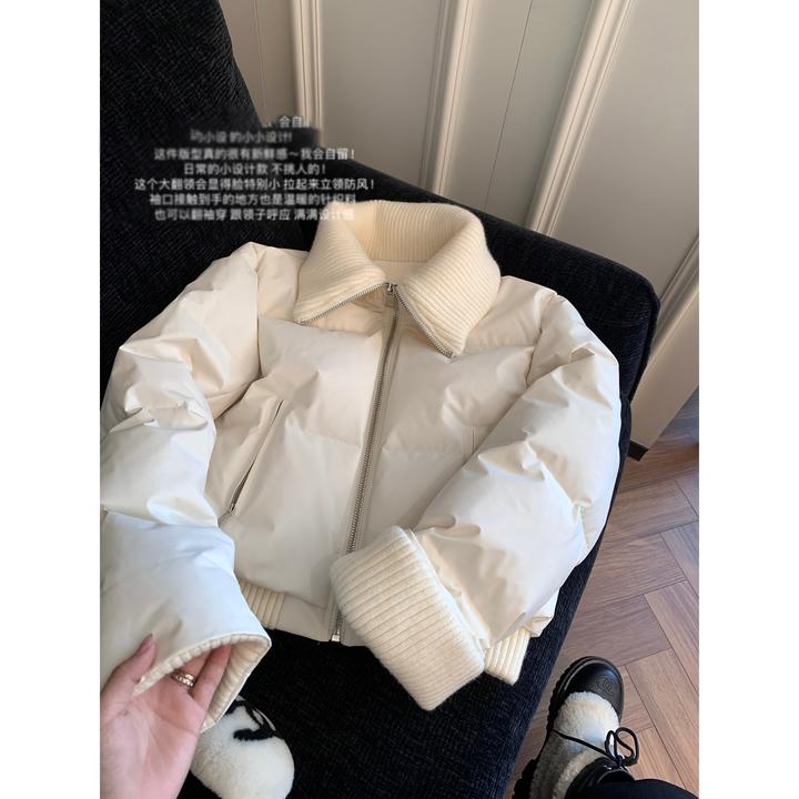 韩系高级感针织翻领拼接棉服女冬季新款保暖超好看棉衣棉袄外套