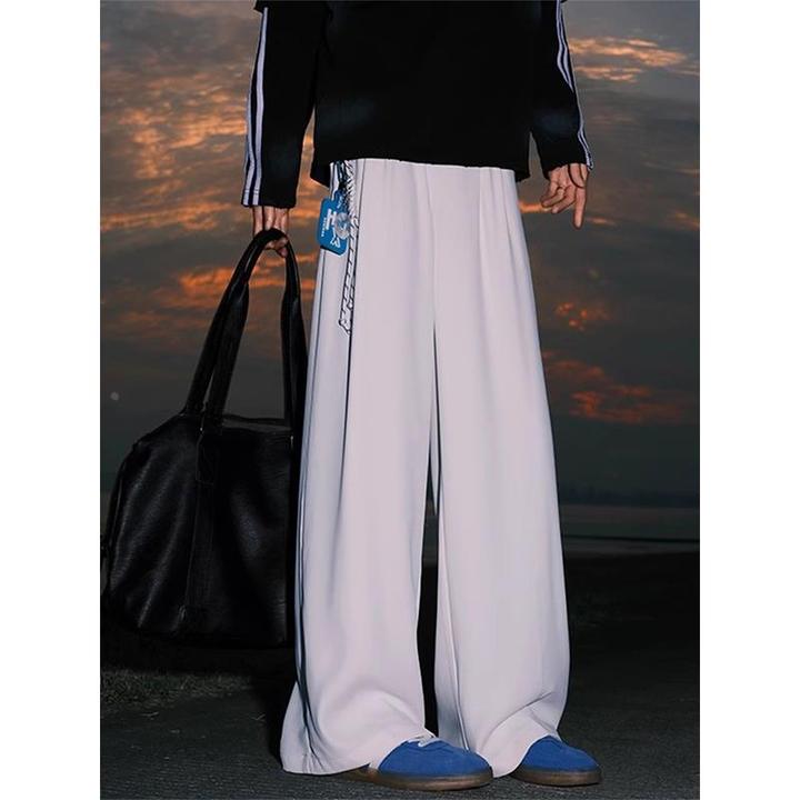 男装白色美式直筒微喇卫裤男款感重磅裤子宽松运动弯刀裤