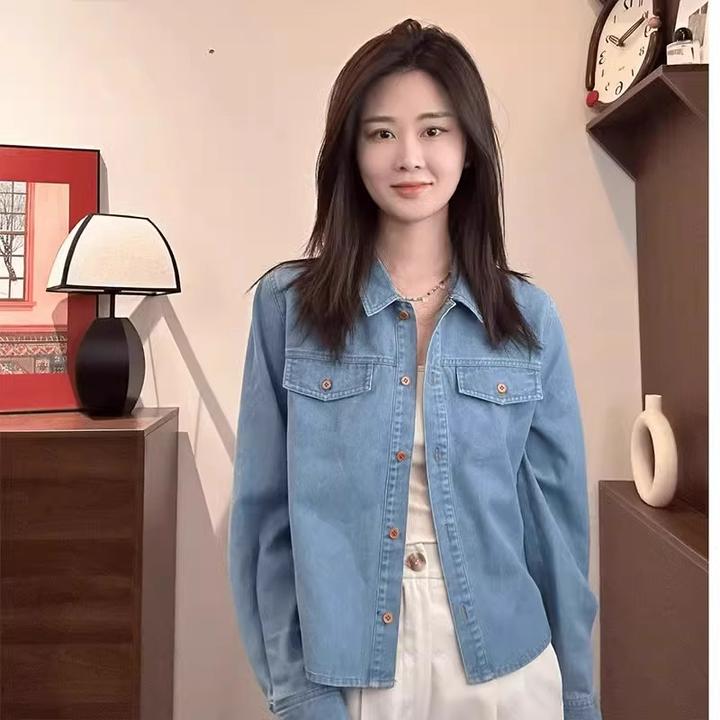 芯娇晴韩系复古气质翻领蓝色牛仔衬衫女早春新款小众宽松休闲上衣