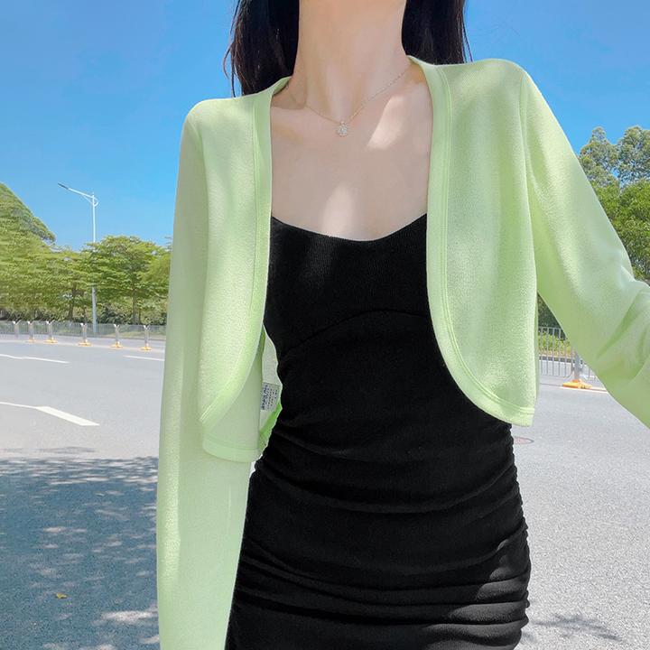 冰丝针织长袖防晒开衫女夏季短款空调衫配吊带裙气质外搭披肩外套
