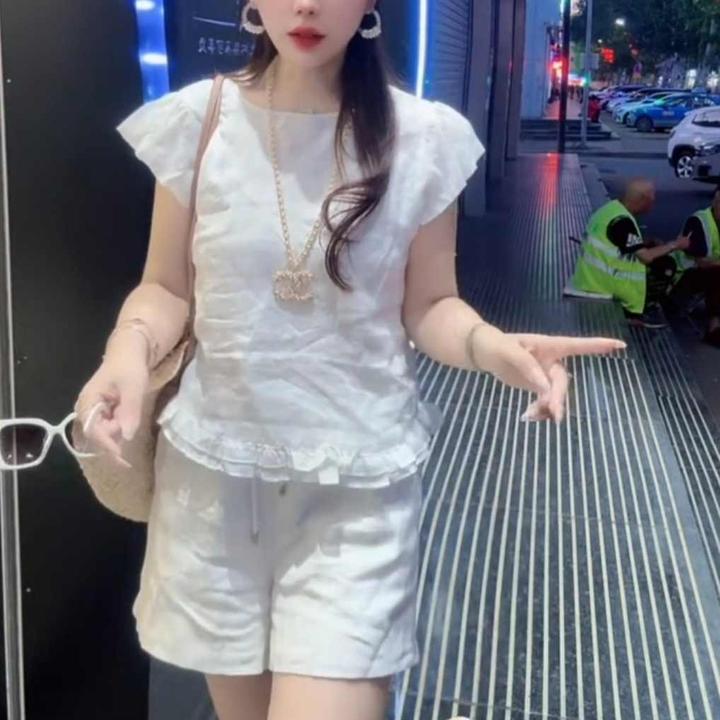 夏薄款亚麻套装荷叶边褶皱宽松显瘦时尚洋气飞飞袖小衫短裤两件套