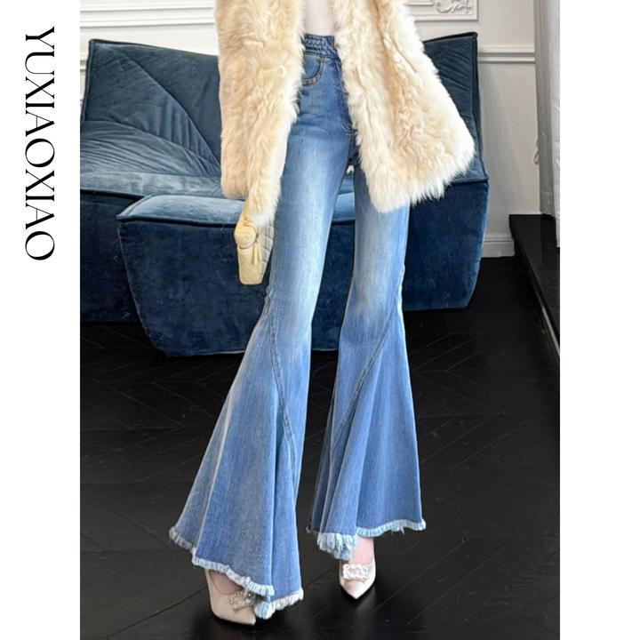 余潇潇【蓝调律动】复古风情时髦设计棉感大喇叭毛边鱼尾牛仔裤