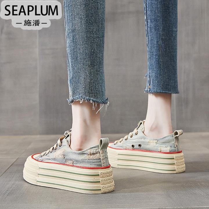 SEAPLUM复古厚底水钻帆布鞋女夏季2025年新款百搭透气小白鞋增高