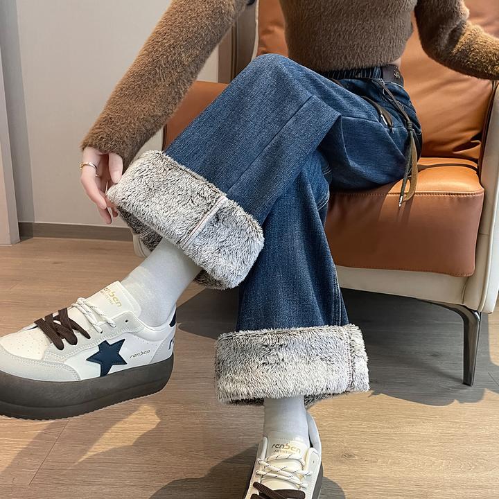 雪狐绒阔腿牛仔裤女2025秋冬新款窄版宽松高腰显瘦垂感拖地直筒裤