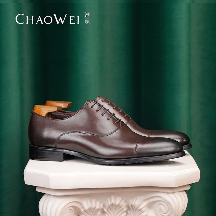潮味男士商务正装系带真皮牛津鞋黑色尖头手工头层牛皮婚鞋590702