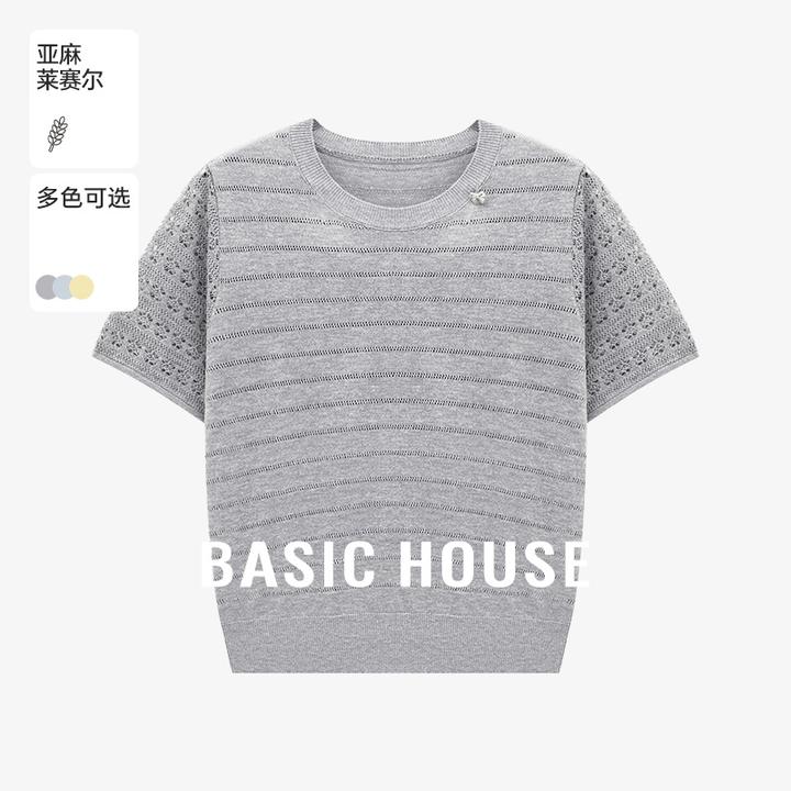Basic House/百家好夏季莱赛尔亚麻混纺短袖针织衫-B0625B5EBX2